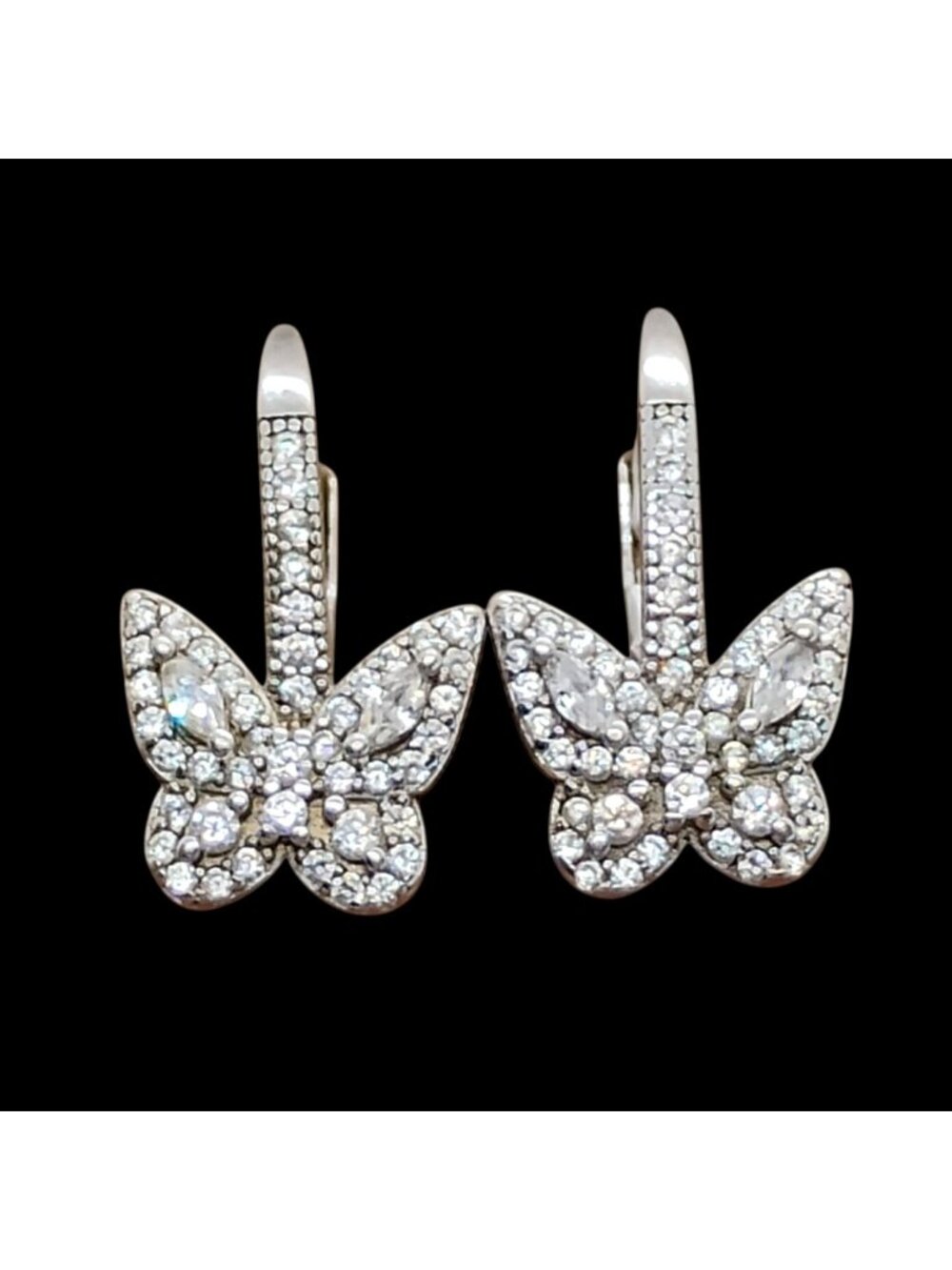 Sterling Silver Cubic Zirconia CZ Butterfly Dangle Earrings Lever Back